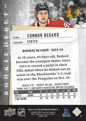 2023-24 Upper Deck Rookie Debut Connor Bedard Red Parallel /99 back